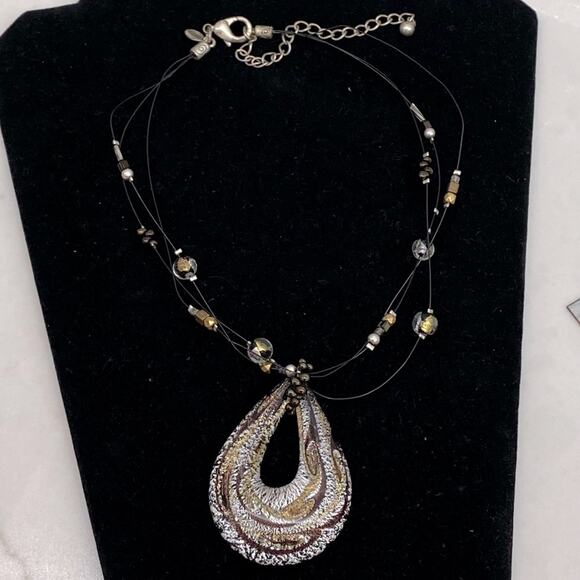 Vtg Chico's Dichroic Glass Metal Medallion Pendant Stranded Wire Bib Necklace - Picture 1 of 4